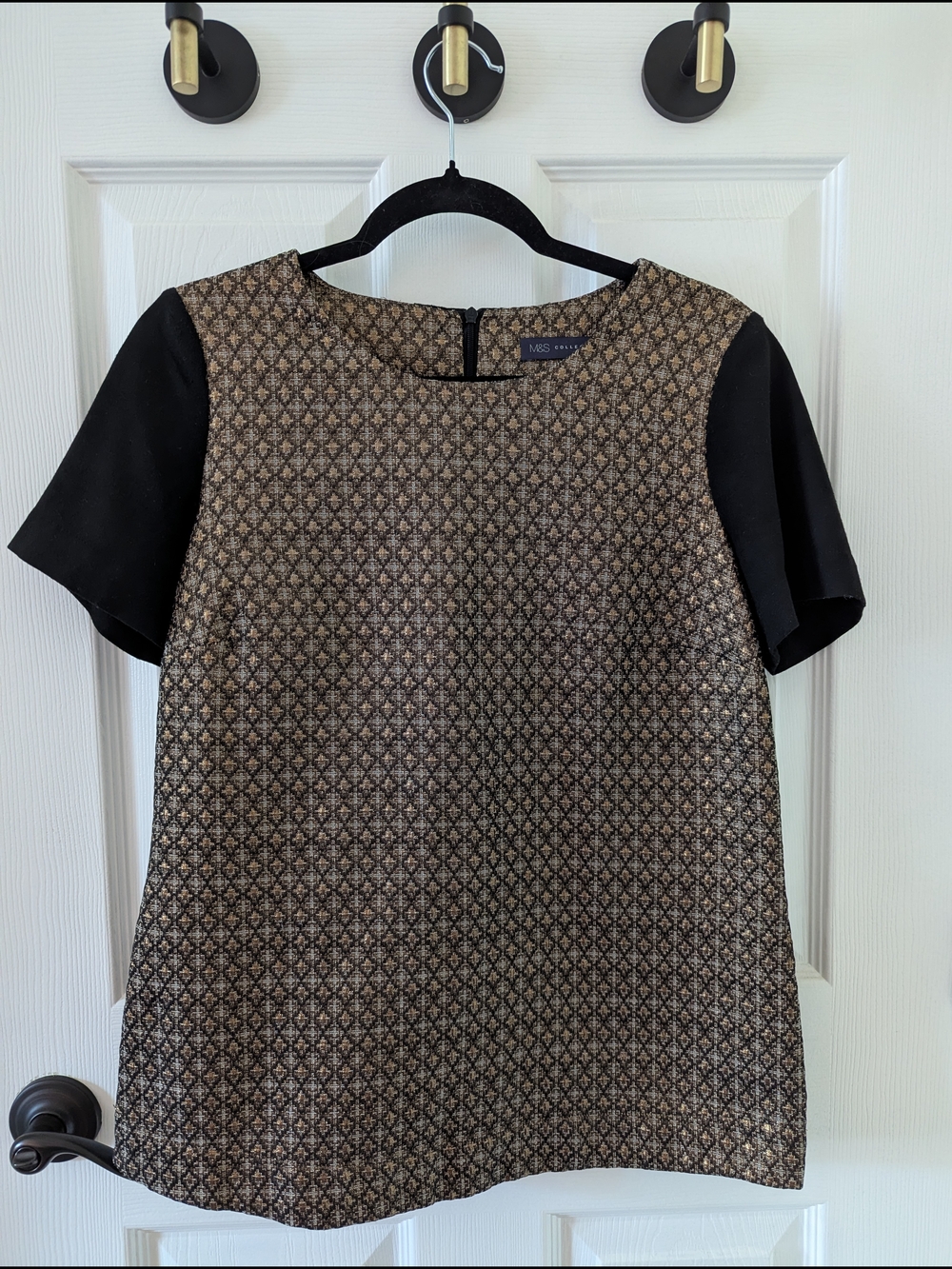 Marks & Spencer Metallic Patterned Short Sleeve Blouse with Black Sleeves